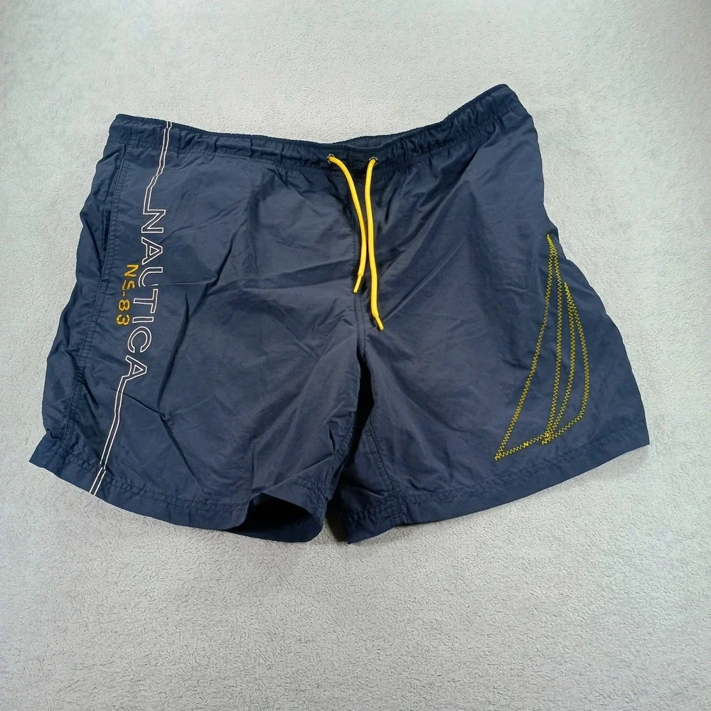 Nautica Mens NS-83 Swim Trunks Navy Blue Medium Embroidered Logo